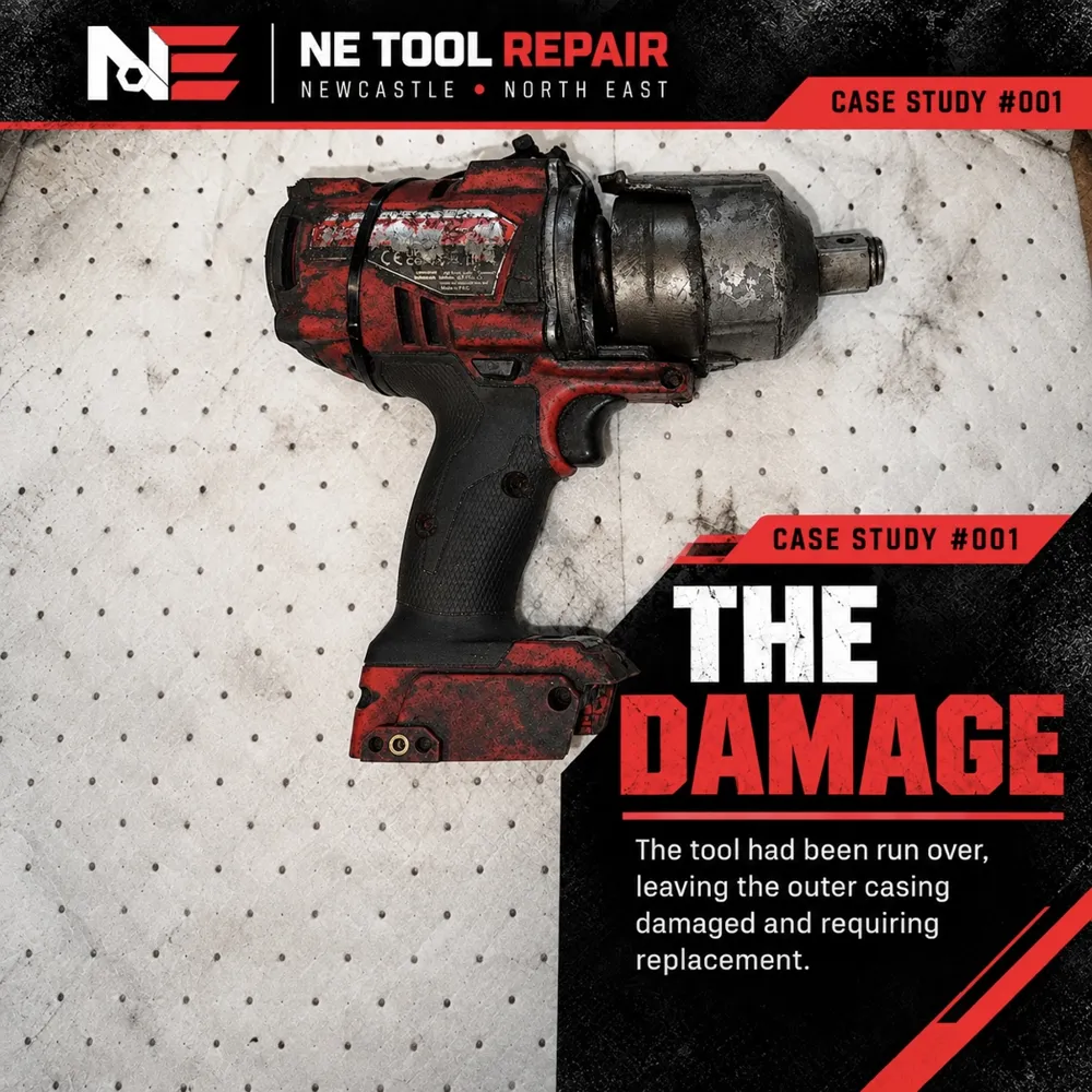 Damaged outer casing on a Milwaukee M18 3/4 inch impact wrench that had been run over
