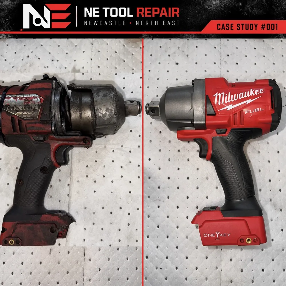 Side-by-side before and after of the Milwaukee M18 impact wrench with its new genuine Milwaukee casing